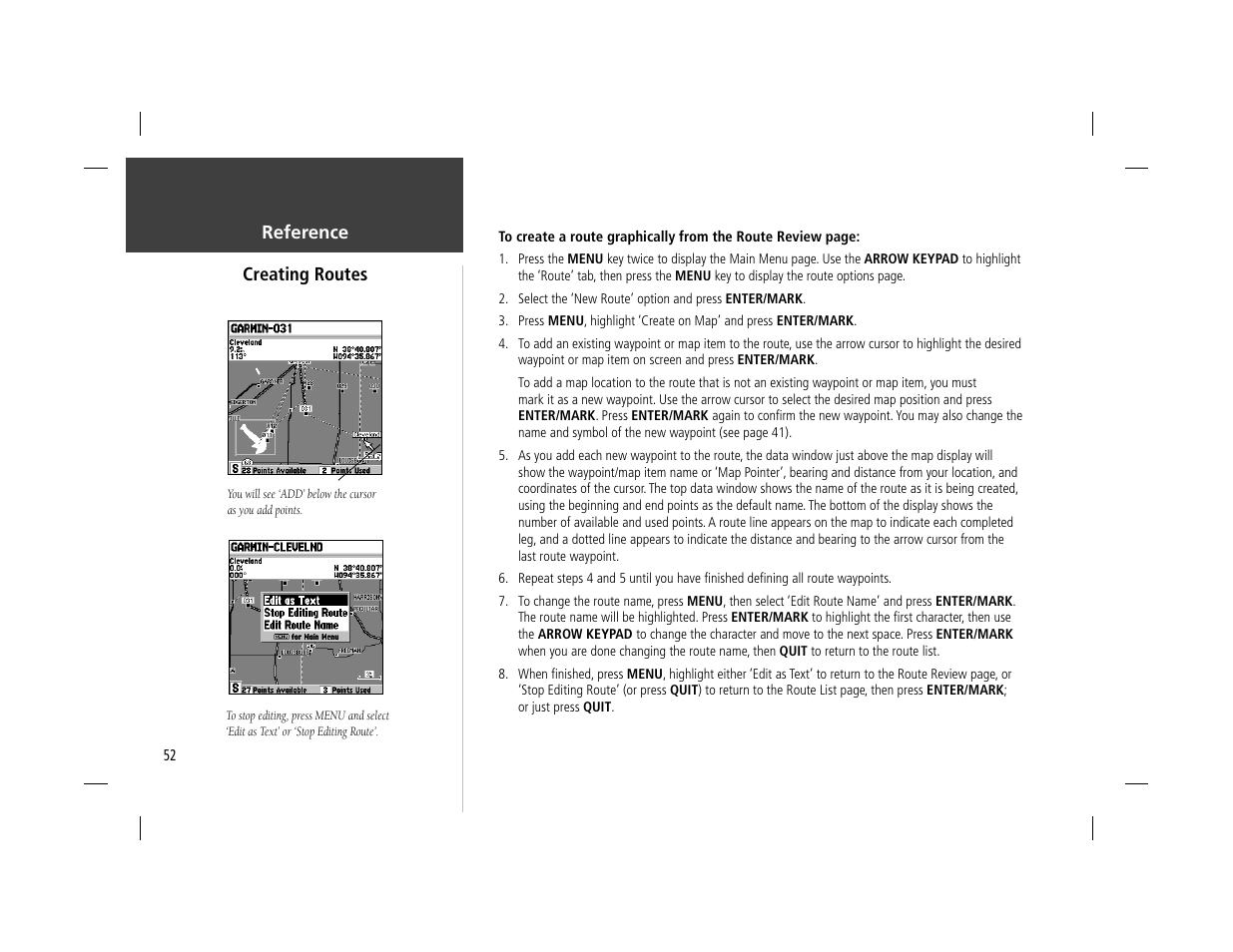 Reference creating routes | Garmin GPSMAP 162 User Manual | Page 61 / 99