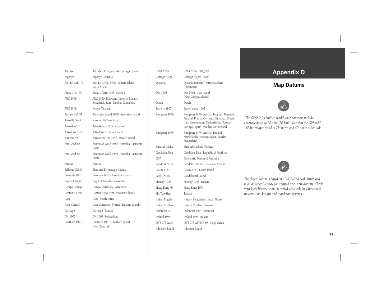 Appendix d map datums | Garmin GPSMAP 162 User Manual | Page 86 / 99