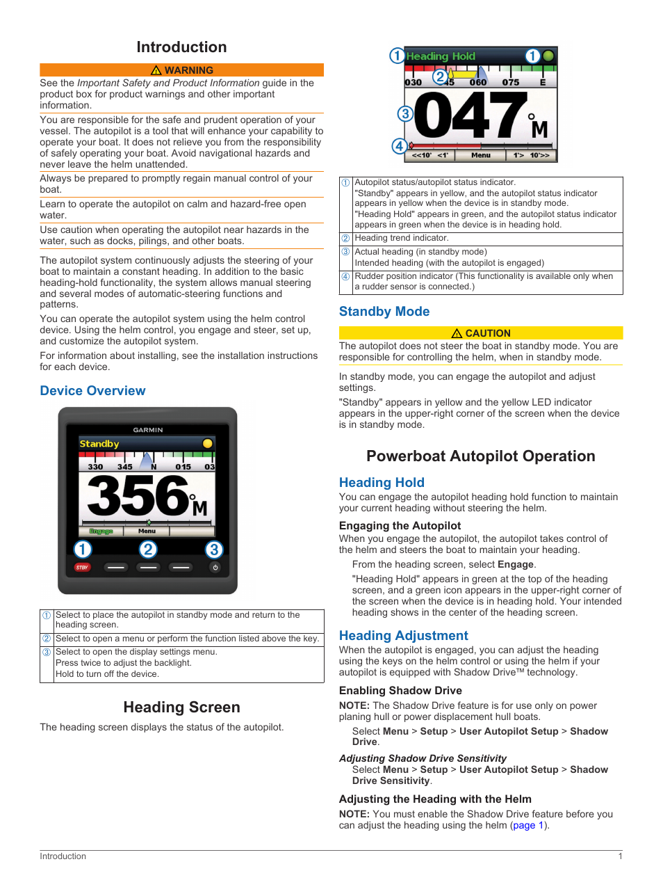 Introduction, Device overview, Heading screen | Standby mode, Powerboat autopilot operation, Heading hold, Engaging the autopilot, Heading adjustment, Enabling shadow drive, Adjusting shadow drive sensitivity | Garmin GHC 20 User Manual | Page 3 / 8