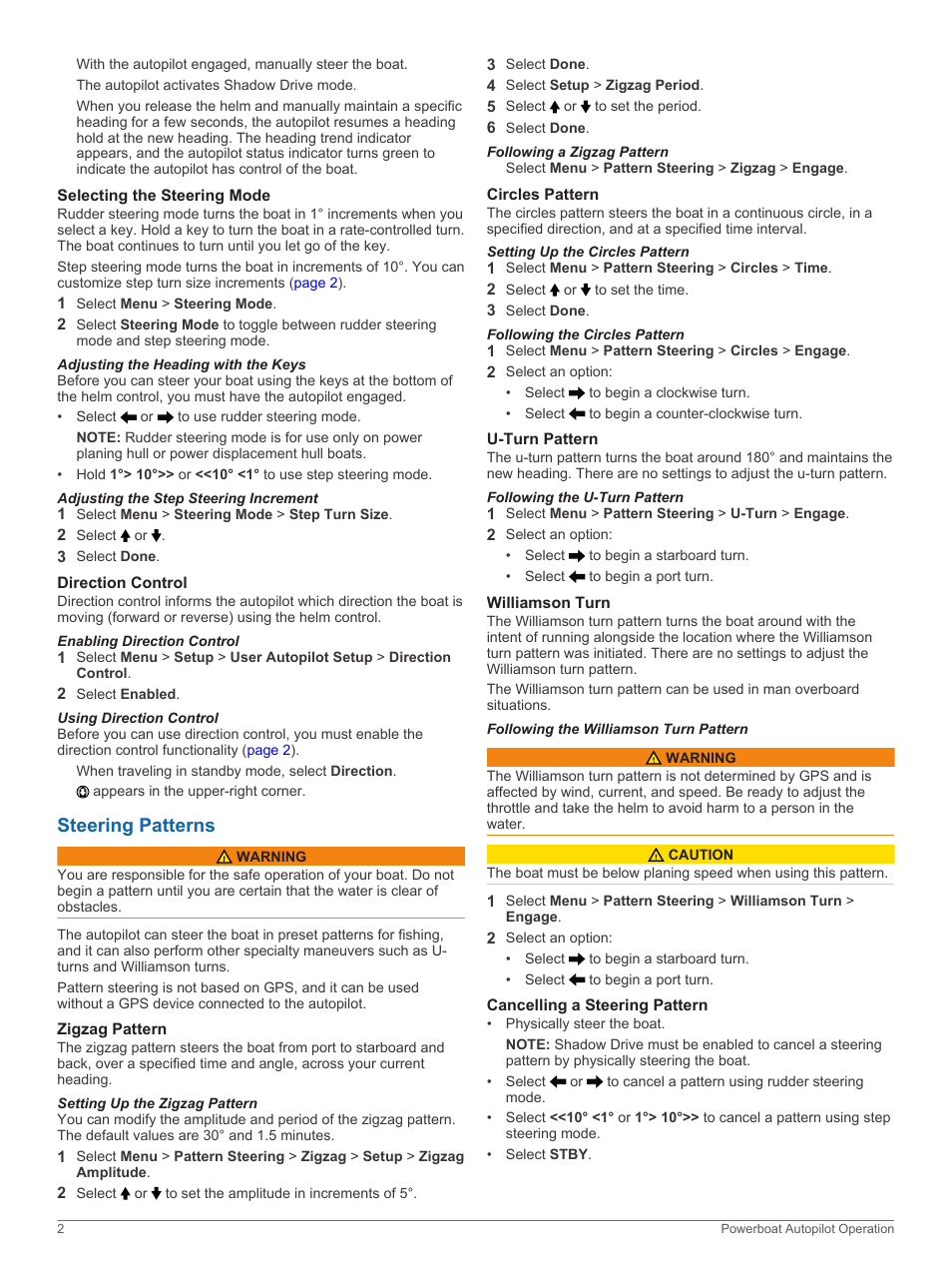 Selecting the steering mode, Adjusting the heading with the keys, Adjusting the step steering increment | Direction control, Enabling direction control, Using direction control, Steering patterns, Zigzag pattern, Setting up the zigzag pattern, Following a zigzag pattern | Garmin GHC 20 User Manual | Page 4 / 8