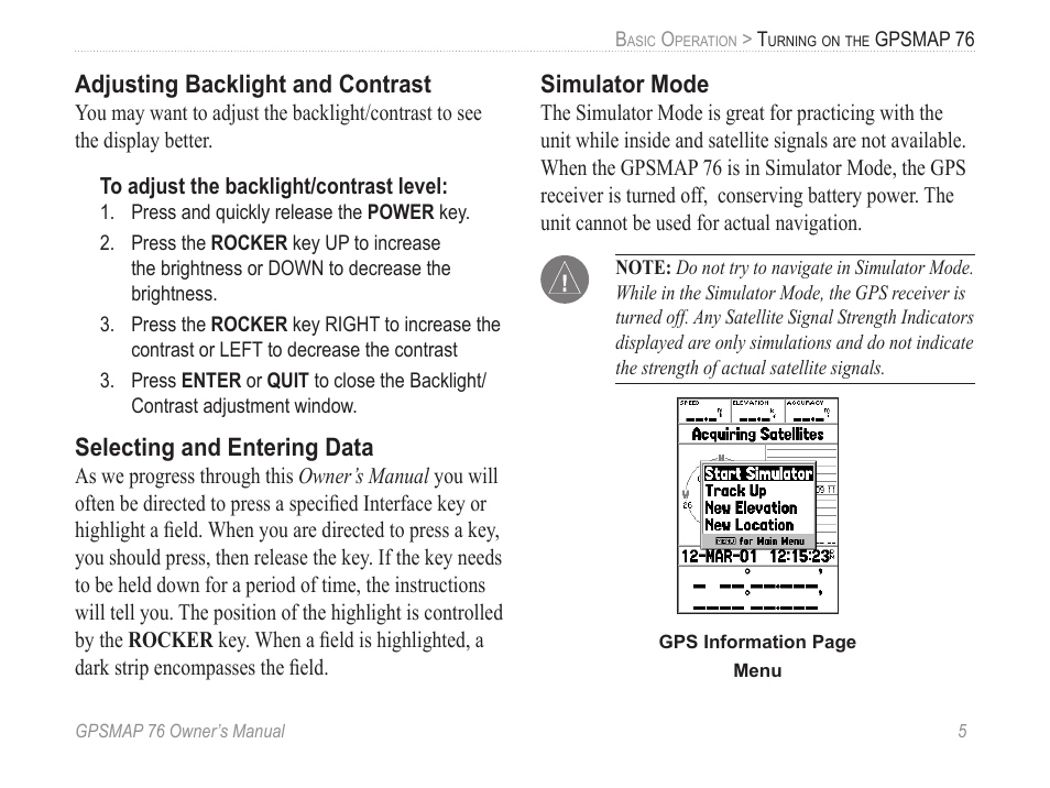 Adjusting backlight and contrast, Selecting and entering data, Simulator mode | Garmin GPSMAP 76 User Manual | Page 11 / 86