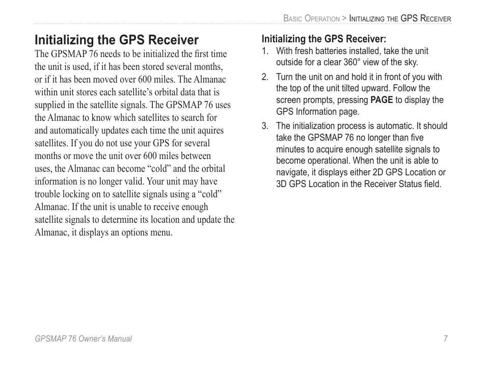 Initializing the gps receiver | Garmin GPSMAP 76 User Manual | Page 13 / 86