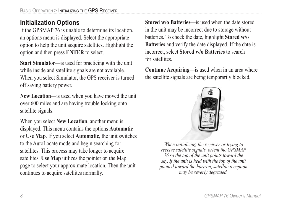 Initialization options | Garmin GPSMAP 76 User Manual | Page 14 / 86