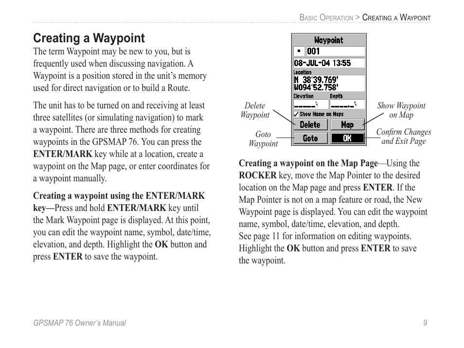 Creating a waypoint | Garmin GPSMAP 76 User Manual | Page 15 / 86