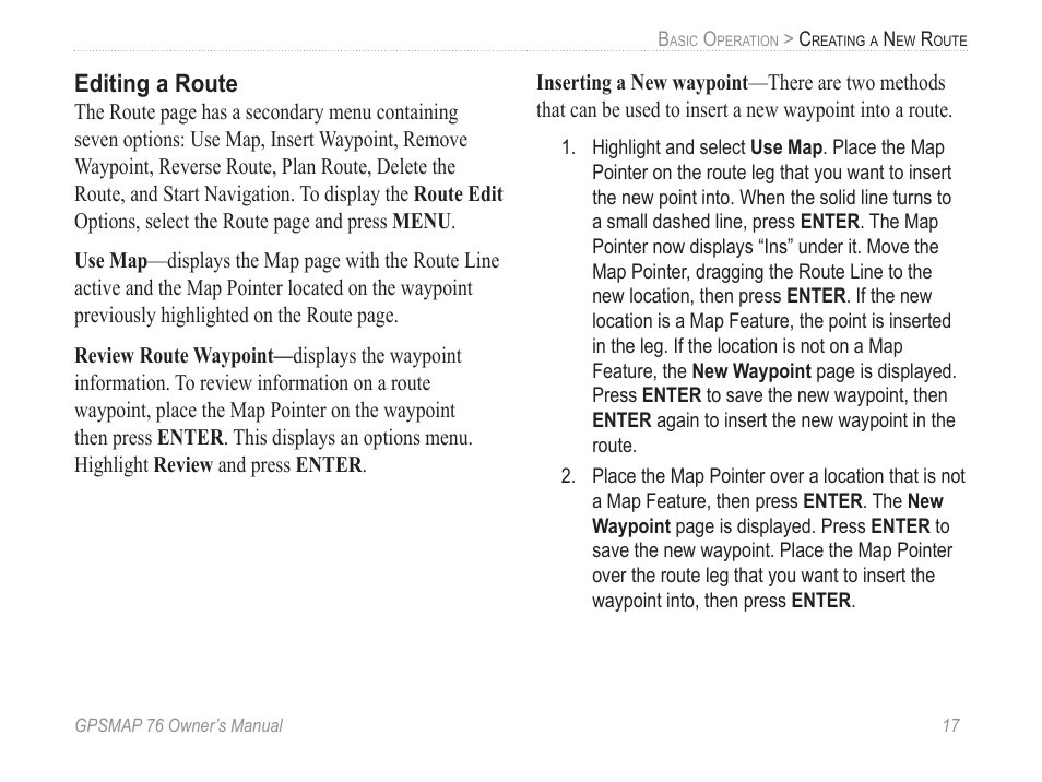 Editing a route | Garmin GPSMAP 76 User Manual | Page 23 / 86