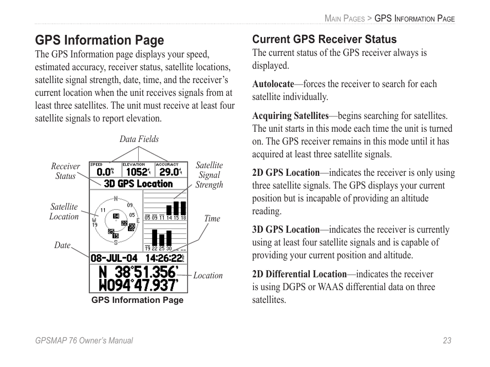 Current gps receiver status, Gps information page | Garmin GPSMAP 76 User Manual | Page 29 / 86