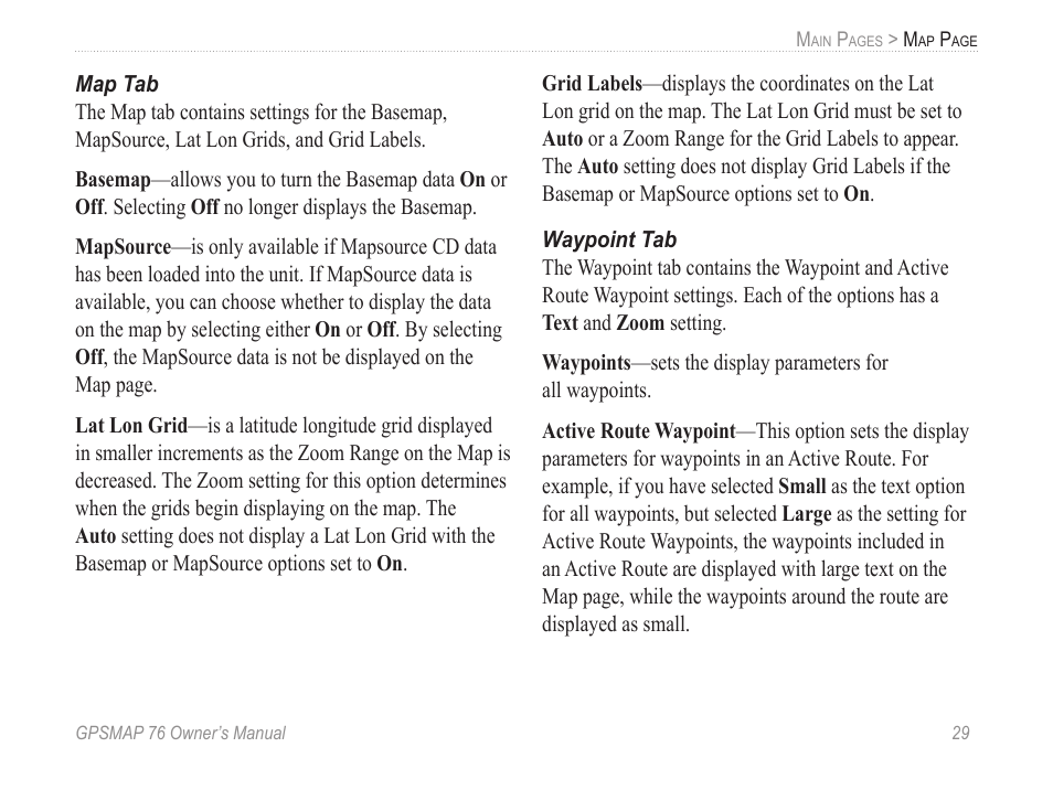 Map tab, Waypoint tab | Garmin GPSMAP 76 User Manual | Page 35 / 86