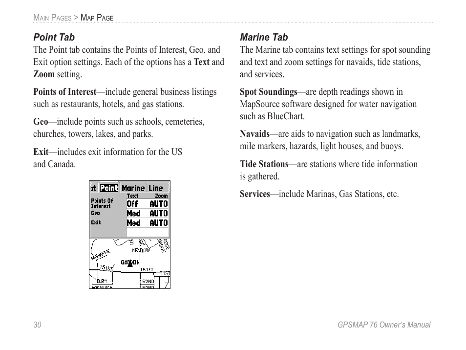 Point tab, Marine tab | Garmin GPSMAP 76 User Manual | Page 36 / 86