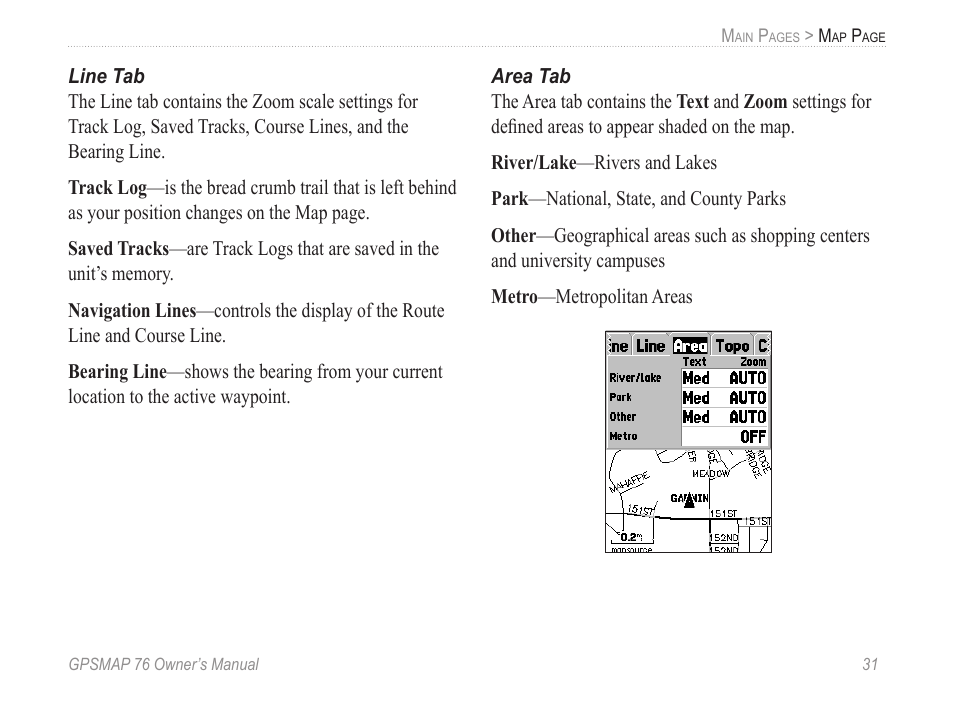 Line tab, Area tab | Garmin GPSMAP 76 User Manual | Page 37 / 86