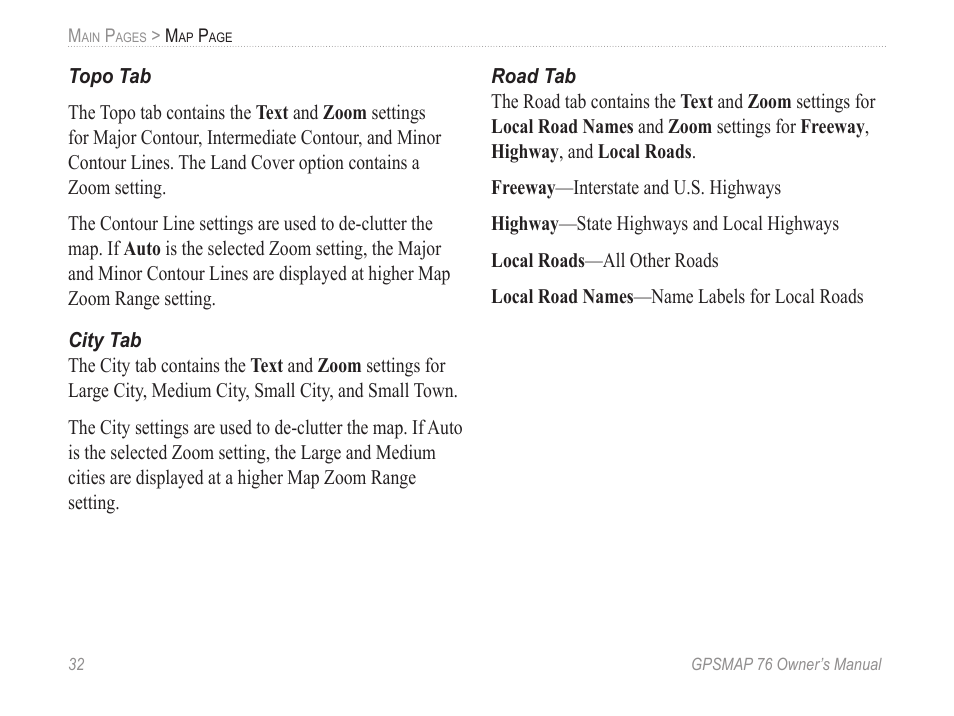 City tab, Road tab | Garmin GPSMAP 76 User Manual | Page 38 / 86