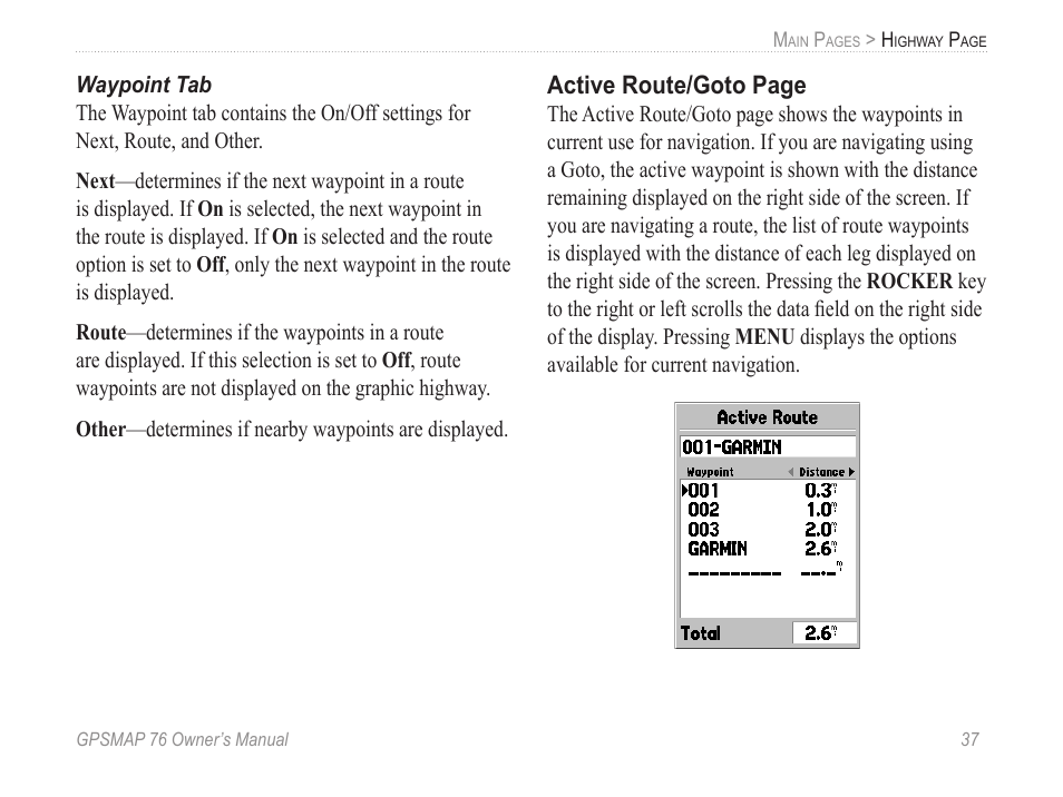 Waypoint tab, Active route/goto page | Garmin GPSMAP 76 User Manual | Page 43 / 86