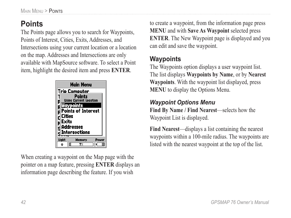 Points, Waypoints, Waypoint options menu | Garmin GPSMAP 76 User Manual | Page 48 / 86