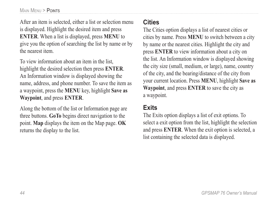 Cities, Exits | Garmin GPSMAP 76 User Manual | Page 50 / 86