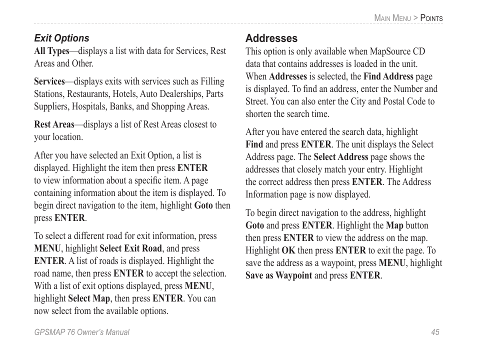 Exit options, Addresses | Garmin GPSMAP 76 User Manual | Page 51 / 86