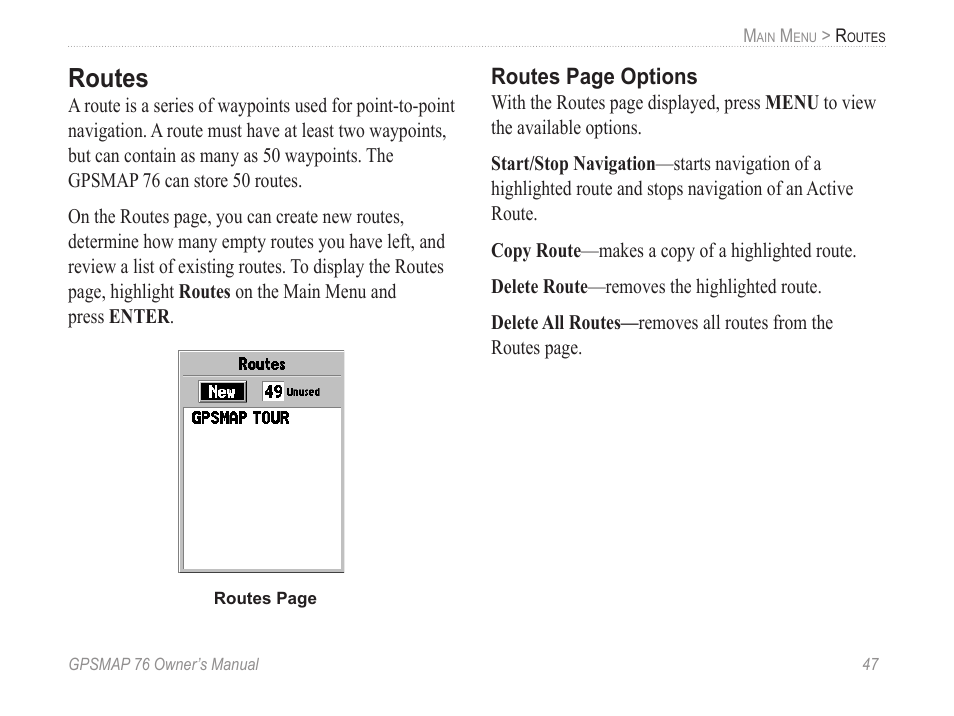 Routes, Routes page options | Garmin GPSMAP 76 User Manual | Page 53 / 86