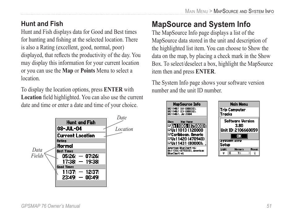 Hunt and fish, Mapsource and system info | Garmin GPSMAP 76 User Manual | Page 57 / 86