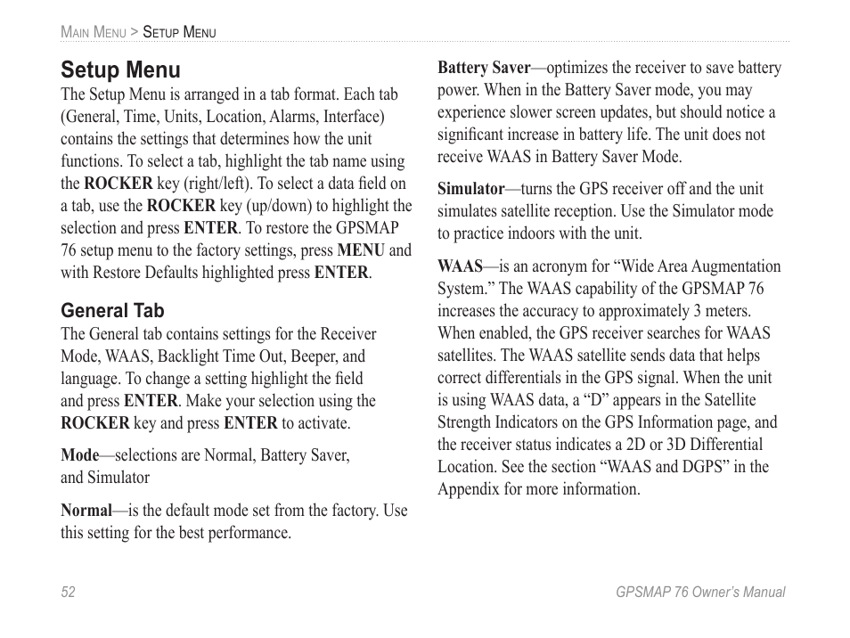 Setup menu, General tab | Garmin GPSMAP 76 User Manual | Page 58 / 86