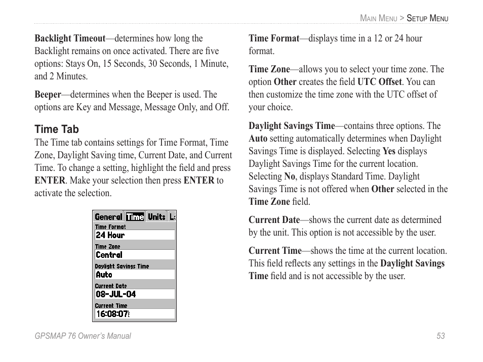 Time tab | Garmin GPSMAP 76 User Manual | Page 59 / 86