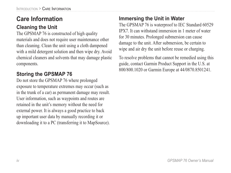 Care information | Garmin GPSMAP 76 User Manual | Page 6 / 86