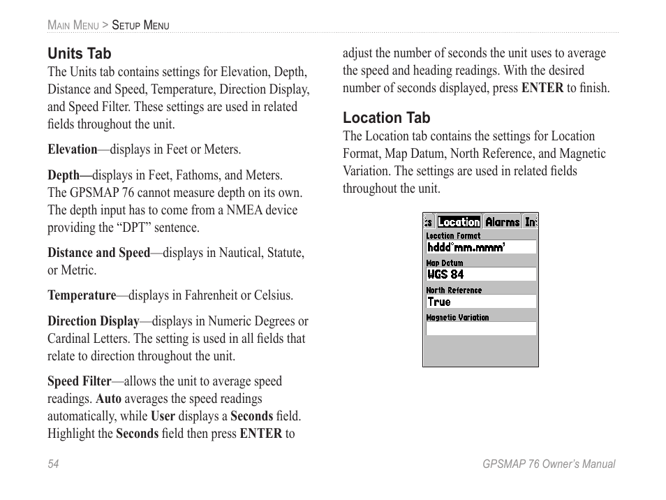 Units tab, Location tab | Garmin GPSMAP 76 User Manual | Page 60 / 86