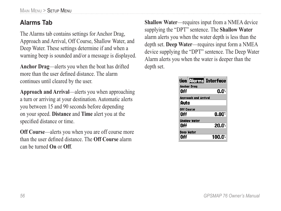 Alarms tab | Garmin GPSMAP 76 User Manual | Page 62 / 86