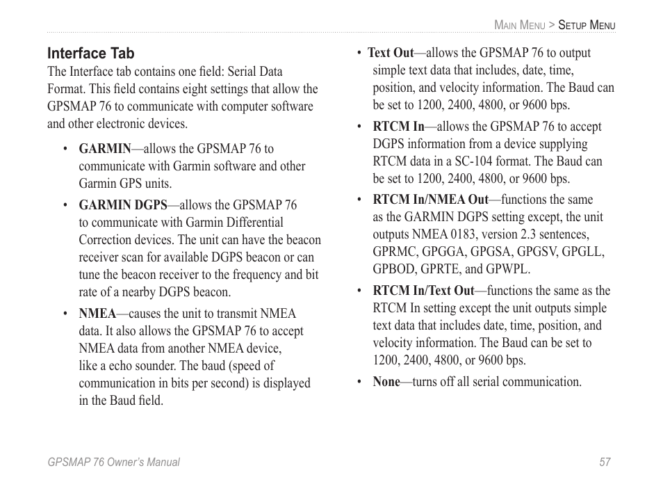 Interface tab | Garmin GPSMAP 76 User Manual | Page 63 / 86