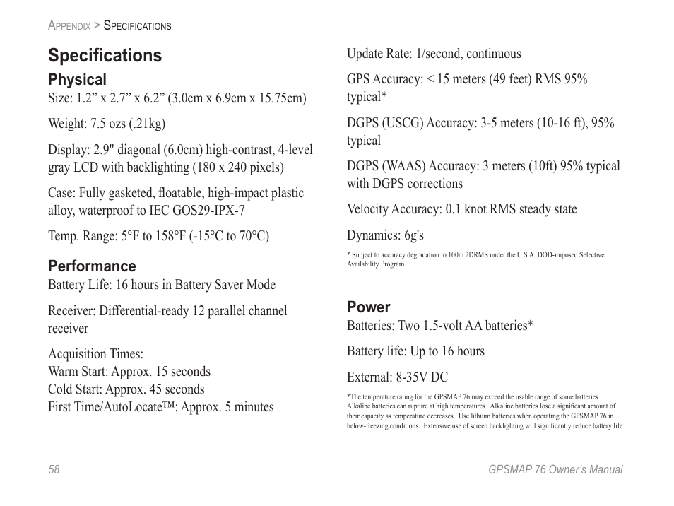 Specifications, Physical, Performance | Power | Garmin GPSMAP 76 User Manual | Page 64 / 86
