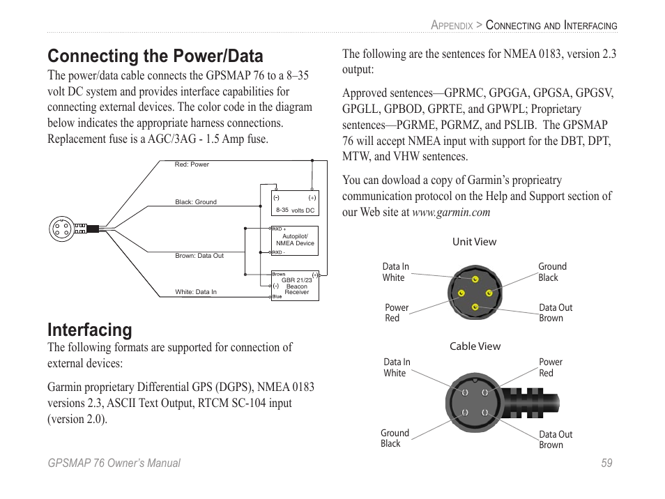 Connecting the power/data, Interfacing | Garmin GPSMAP 76 User Manual | Page 65 / 86