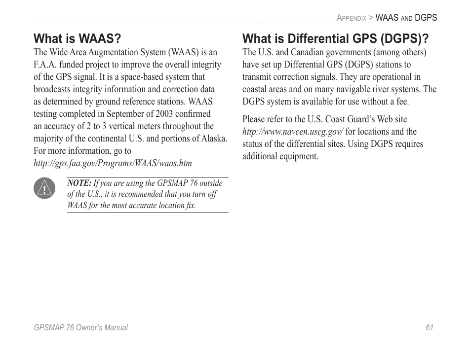 What is waas, What is differential gps (dgps) | Garmin GPSMAP 76 User Manual | Page 67 / 86