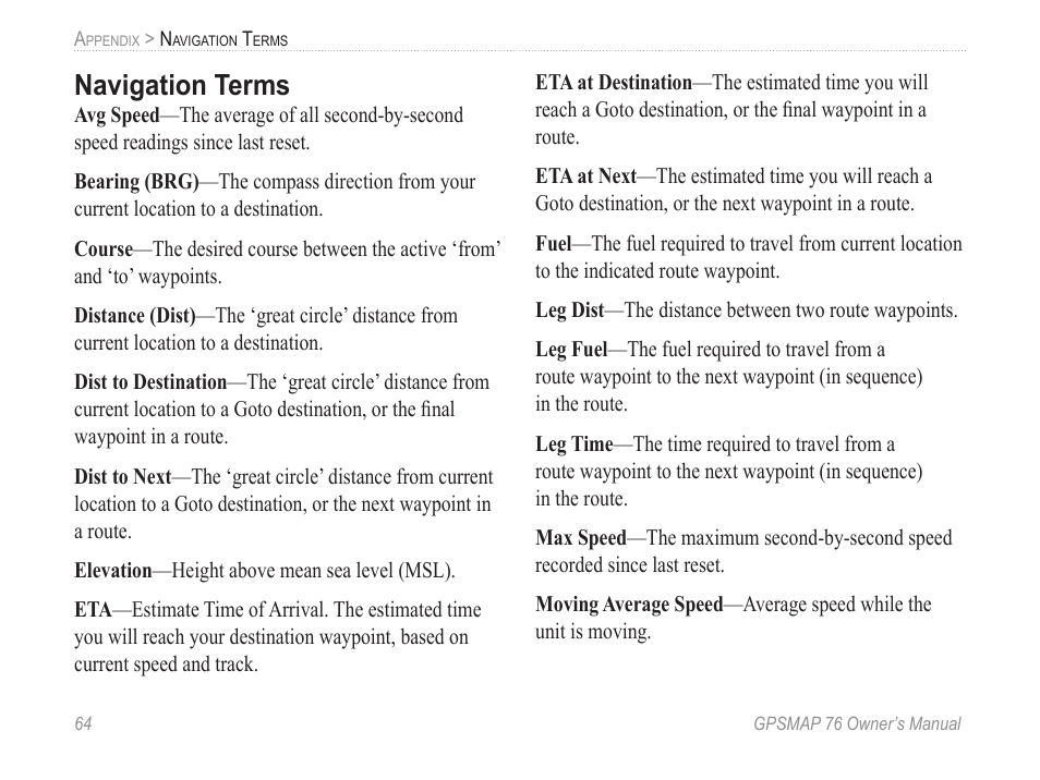 Navigation terms | Garmin GPSMAP 76 User Manual | Page 70 / 86