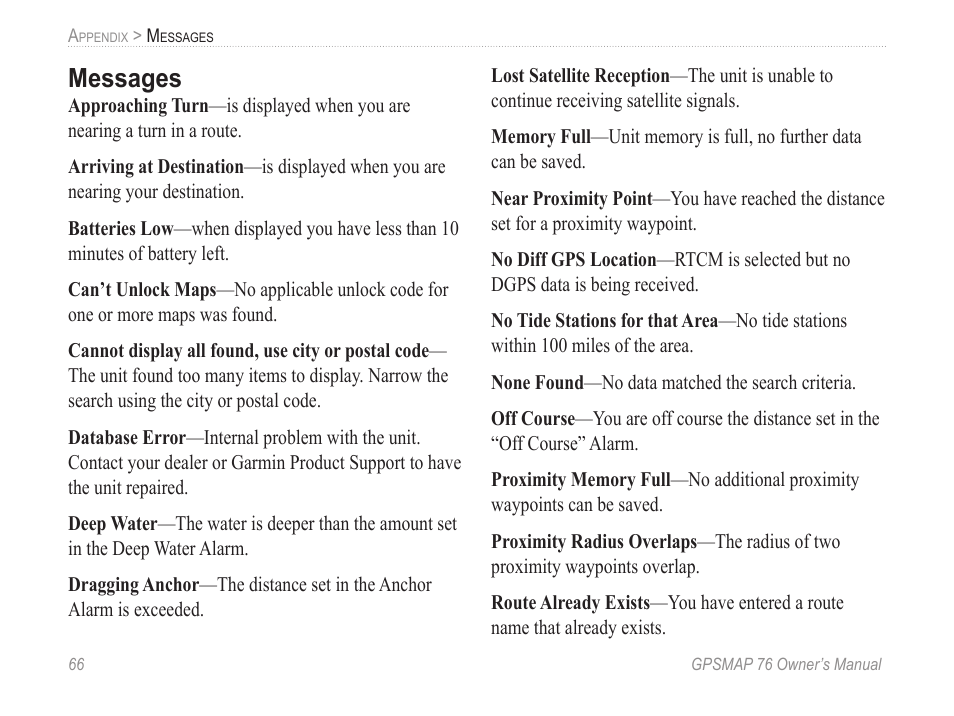 Messages | Garmin GPSMAP 76 User Manual | Page 72 / 86