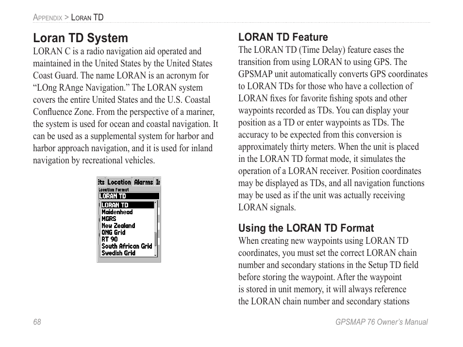 Loran td system | Garmin GPSMAP 76 User Manual | Page 74 / 86