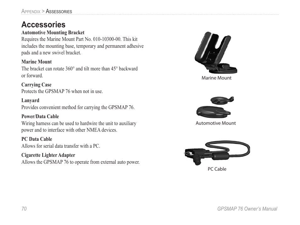 Accessories | Garmin GPSMAP 76 User Manual | Page 76 / 86