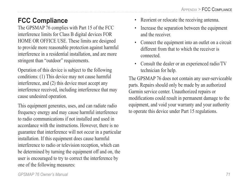 Fcc compliance | Garmin GPSMAP 76 User Manual | Page 77 / 86