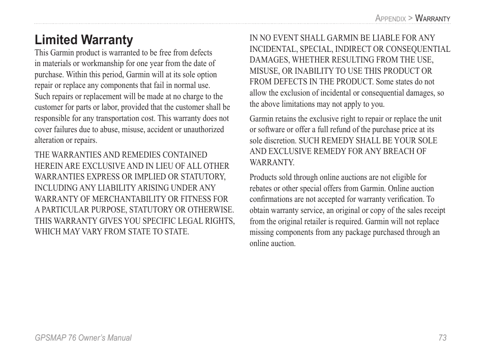 Limited warranty | Garmin GPSMAP 76 User Manual | Page 79 / 86