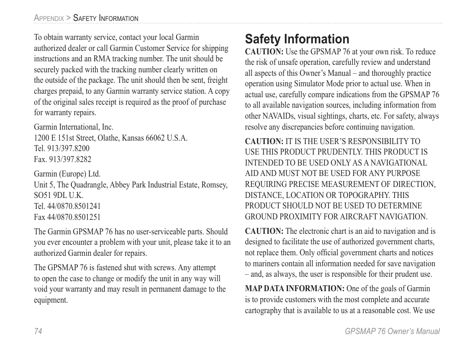 Safety information | Garmin GPSMAP 76 User Manual | Page 80 / 86