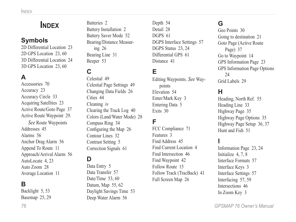 Index, Ndex | Garmin GPSMAP 76 User Manual | Page 82 / 86