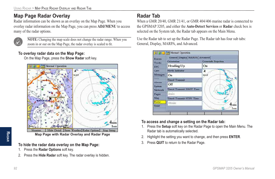 Radar tab, Map page radar overlay | Garmin GPSMAP 3205 User Manual | Page 100 / 126