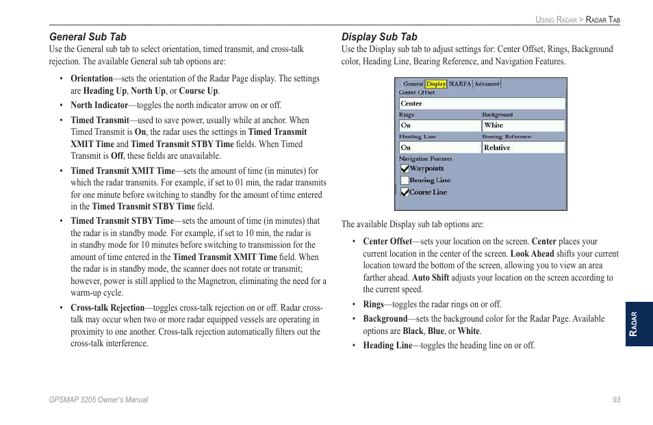 General sub tab, Display sub tab | Garmin GPSMAP 3205 User Manual | Page 101 / 126