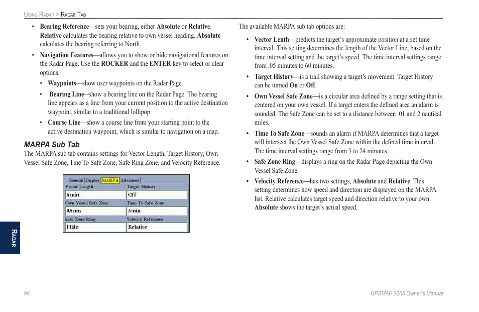 Marpa sub tab | Garmin GPSMAP 3205 User Manual | Page 102 / 126