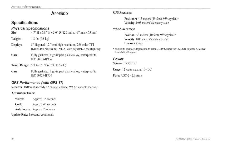 Appendix, Specifications | Garmin GPSMAP 3205 User Manual | Page 104 / 126