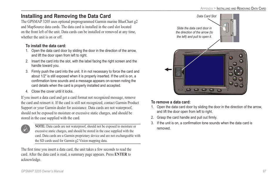 Installing and removing the data card | Garmin GPSMAP 3205 User Manual | Page 105 / 126