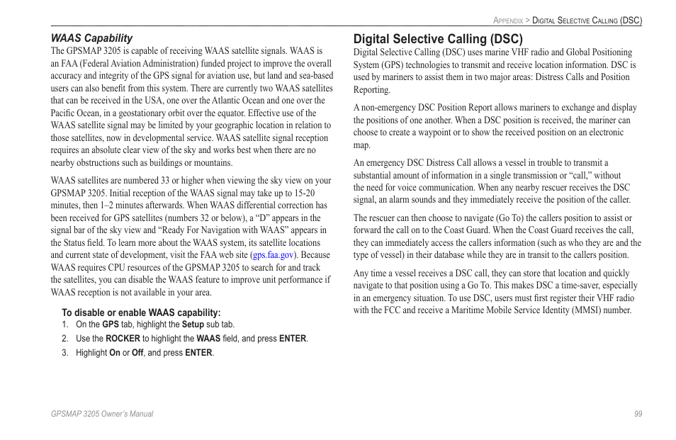 Waas capability, Digital selective calling (dsc) | Garmin GPSMAP 3205 User Manual | Page 107 / 126