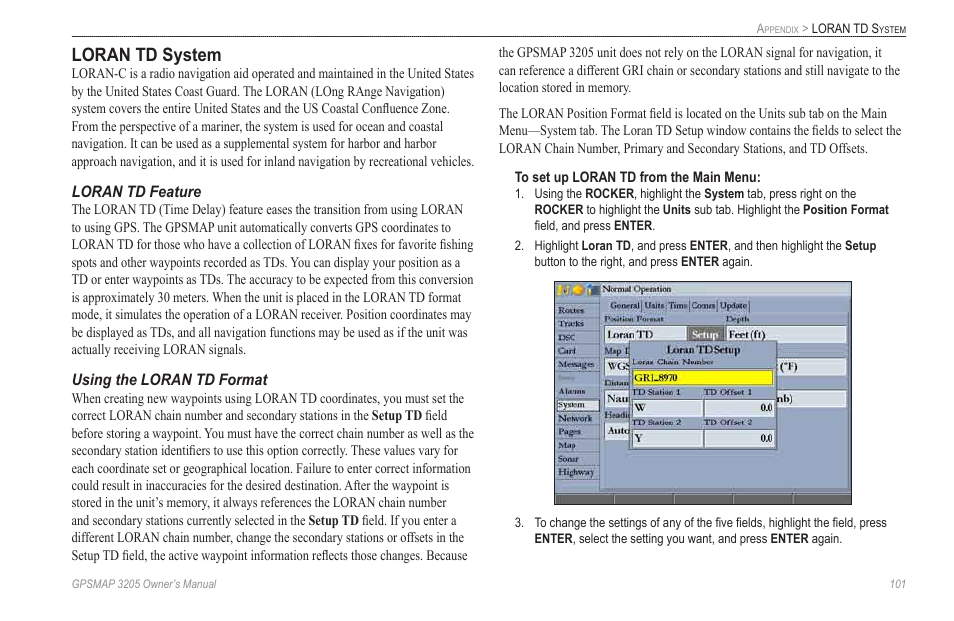 Loran td system | Garmin GPSMAP 3205 User Manual | Page 109 / 126