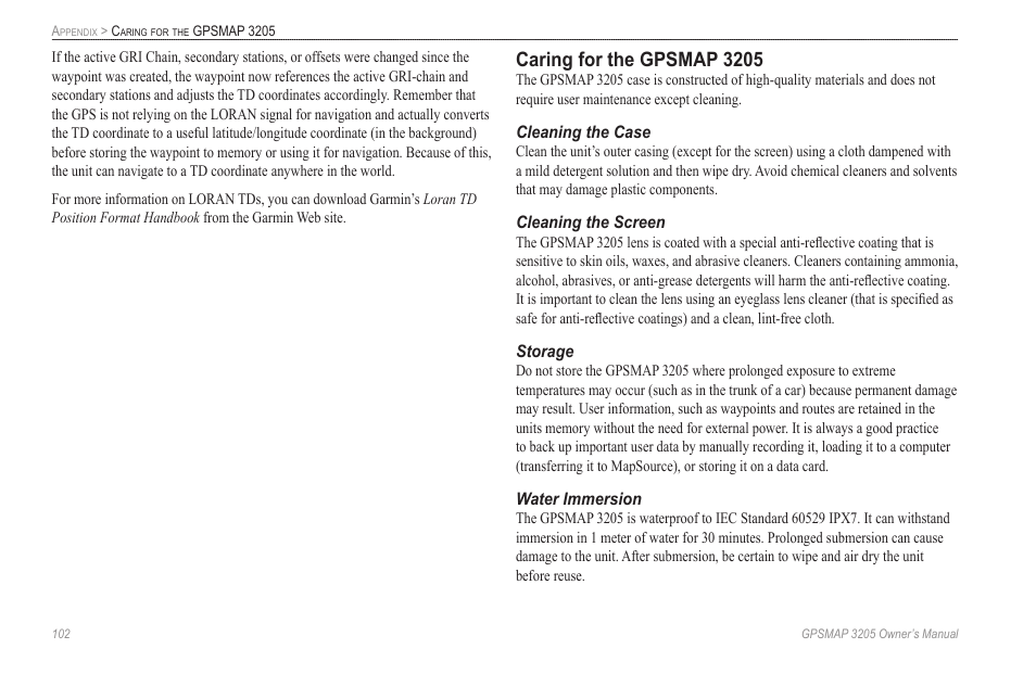 Caring for the gpsmap 3205 | Garmin GPSMAP 3205 User Manual | Page 110 / 126