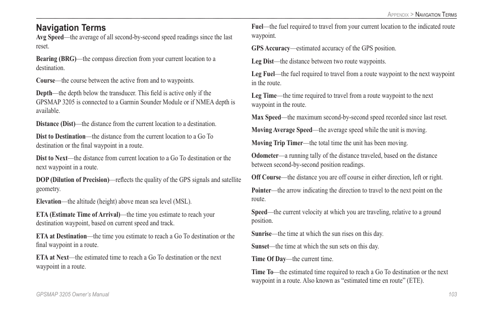 Navigation terms | Garmin GPSMAP 3205 User Manual | Page 111 / 126