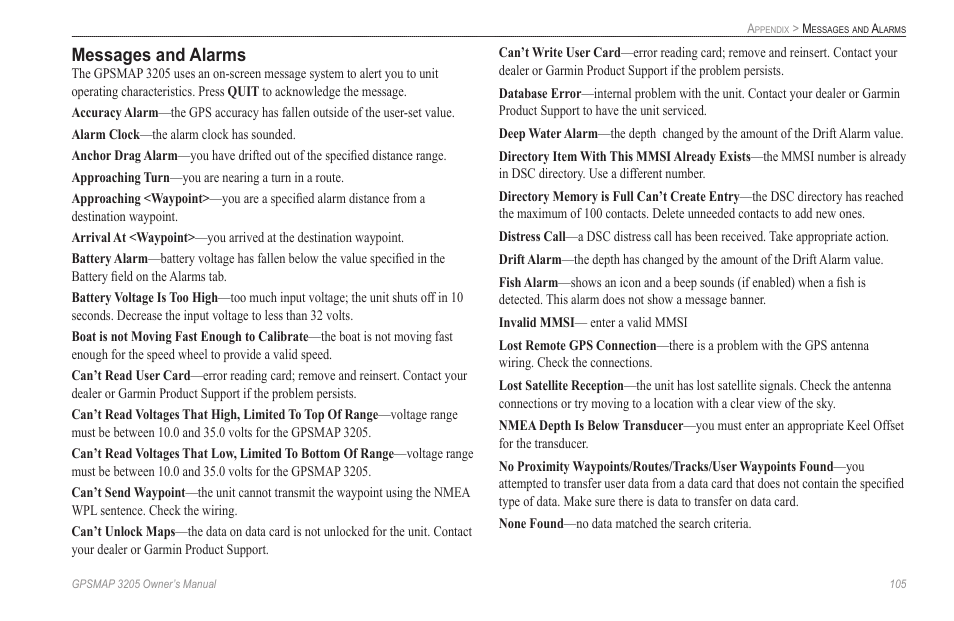 Messages and alarms | Garmin GPSMAP 3205 User Manual | Page 113 / 126