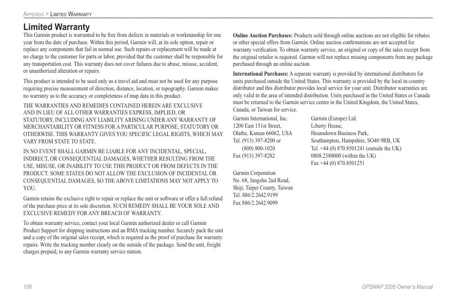 Limited warranty | Garmin GPSMAP 3205 User Manual | Page 116 / 126