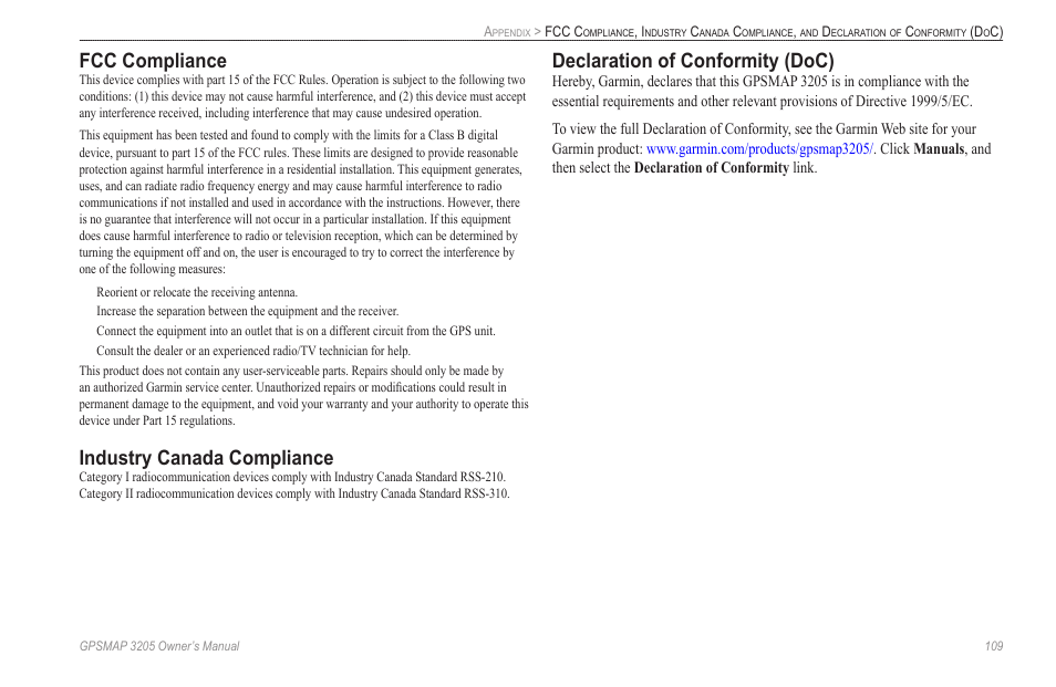 Fcc compliance, Industry canada compliance, Declaration of conformity (doc) | Garmin GPSMAP 3205 User Manual | Page 117 / 126