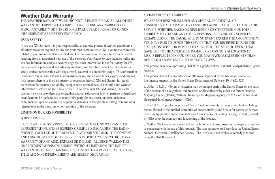 Weather data warranty | Garmin GPSMAP 3205 User Manual | Page 119 / 126